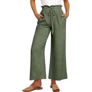 Anrabess Linen Blend Loose High Waist Wide Leg Crop Pants Women Size Medium